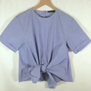Zara Women poplin knot pinstripe button back top